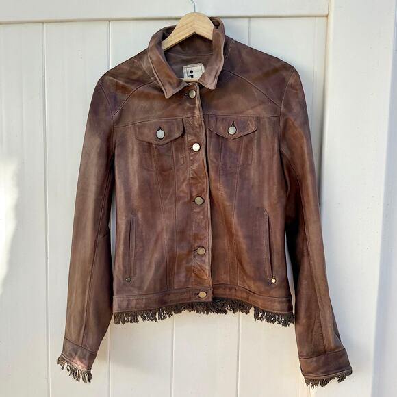 Jakett Alexa Jacket Washable Genuine Leather Fringe Patina Crop JKT NYC Brown S - Picture 2 of 9